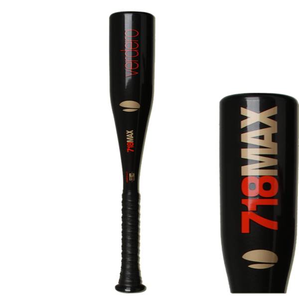 Front view of a black baseball bat with Verdero and 718MAX text.