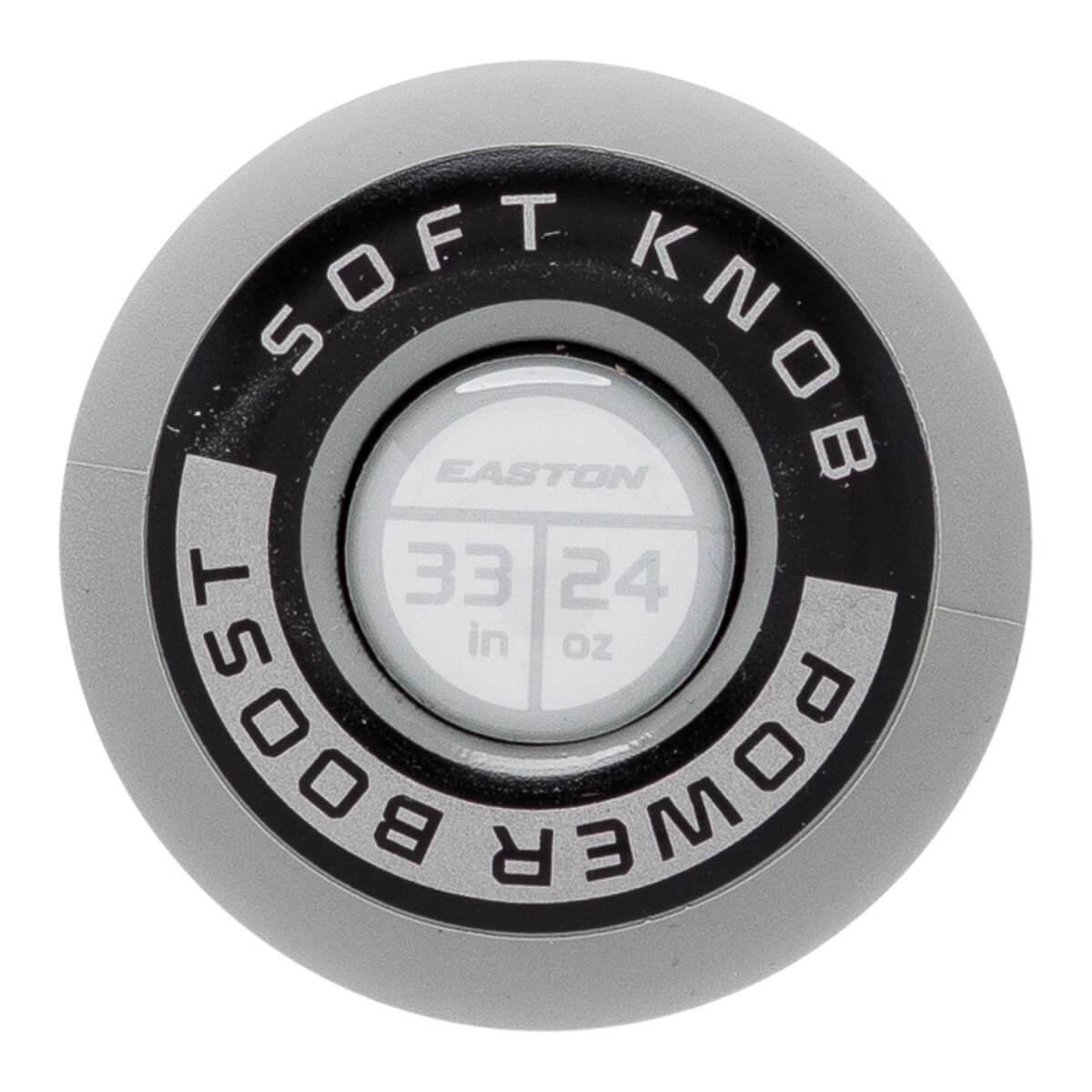 Bottom view of the grey bat knob featuring "SOFT KNOB" and "POWER BOOST" text surrounding a white center circle with "EASTON 33 in 24 oz."