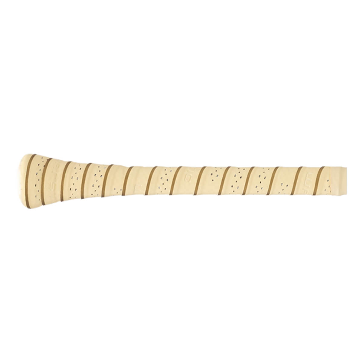 Close-up of the tan baseball bat grip with diagonal brown stripes and perforated texture.