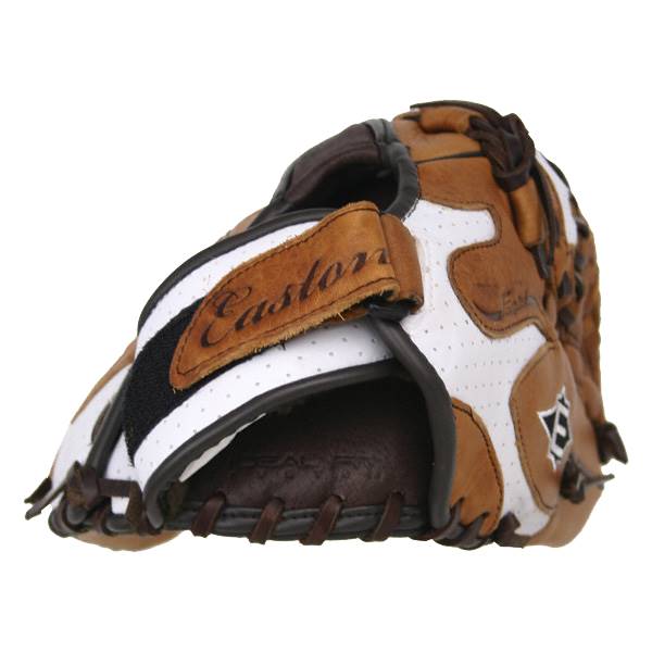 Side view of a brown and white Easton fastpitch glove with black stripes and visible Easton text.