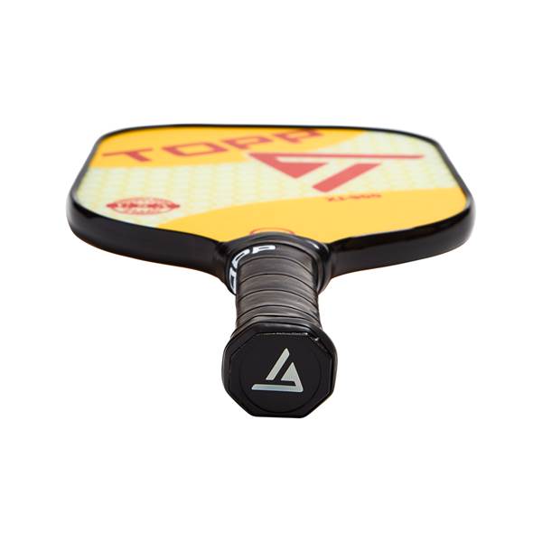 Top-down view of a yellow pickleball paddle with red accents and a black grip.