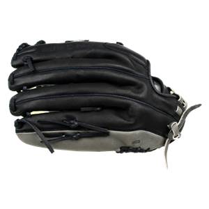 Side view of a black baseball glove with grey palm and Miken branding.