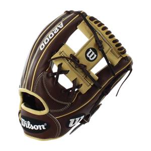 Side view of a brown baseball glove with tan lacing and A2000 branding.