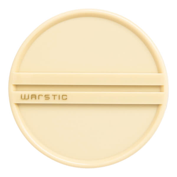 Top-down view of a cream-colored baseball bat end cap with two horizontal ridges and WARSTIC text.