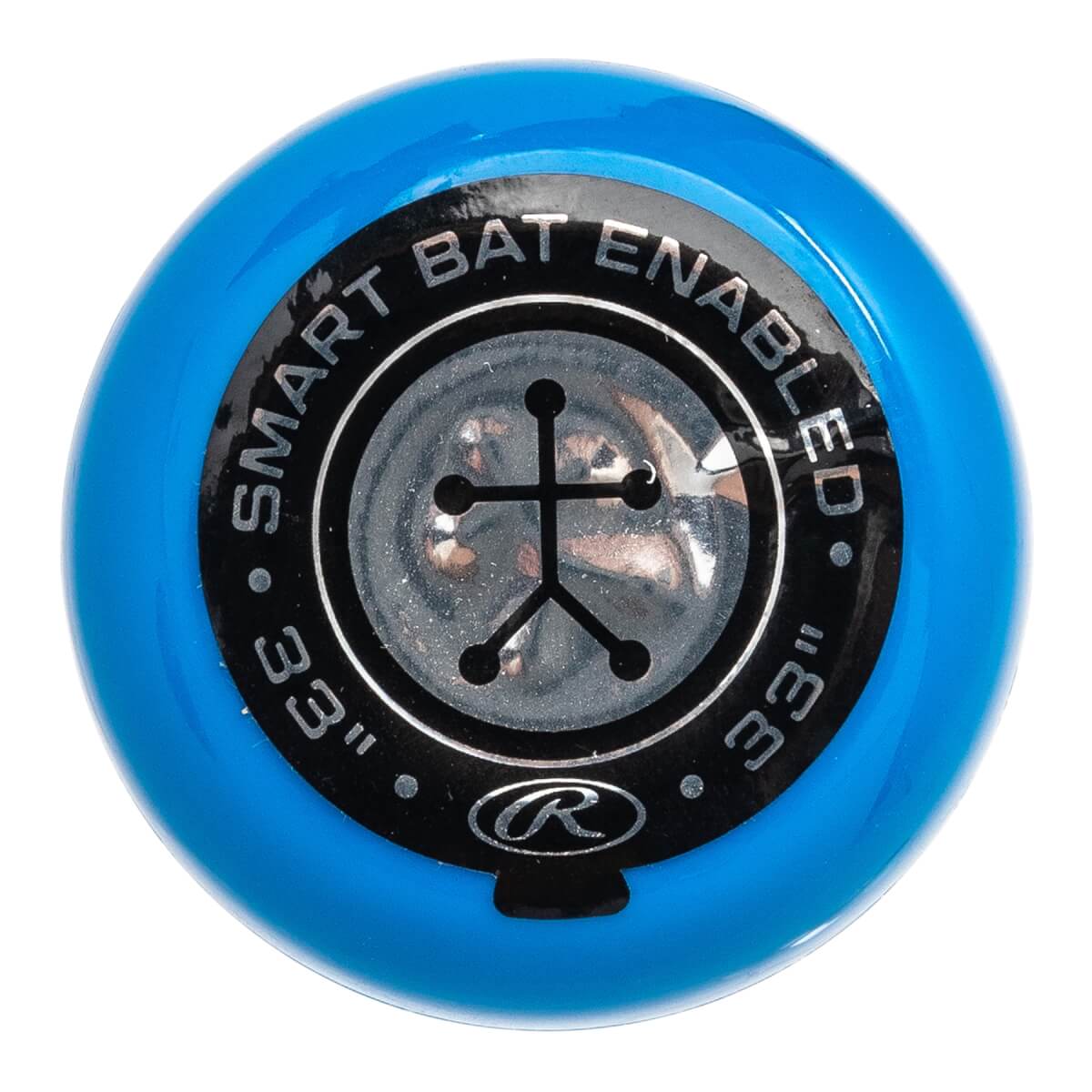 Top-down view of a blue Rawlings bat with SMART BAT ENABLED and 33 text.
