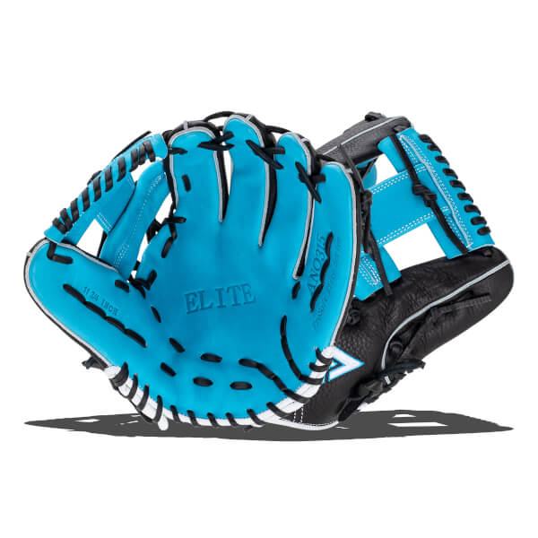 Angled front view of a blue and black baseball glove with ELITE embossed on the palm, black lacing, and white stitching.