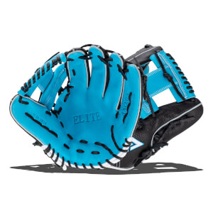 Angled front view of a blue and black baseball glove with ELITE embossed on the palm, black lacing, and white stitching.