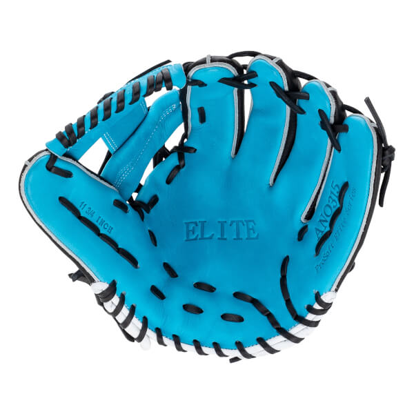 Front view of an aqua blue baseball glove with black lacing, white trim, and ELITE embossed on the palm.