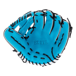 Front view of an aqua blue baseball glove with black lacing, white trim, and ELITE embossed on the palm.