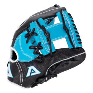 Angled front view of a black and turquoise baseball glove with an H-web, black lacing, and white A logo.