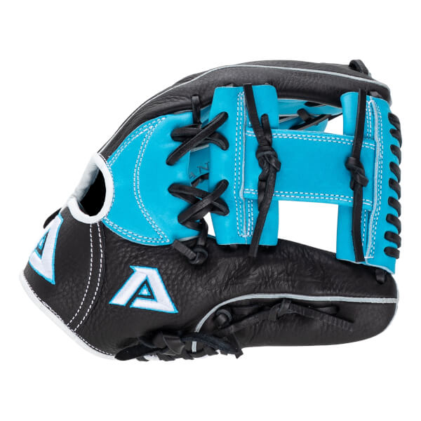 Side view of a black and turquoise baseball glove with white A logos and black lacing.