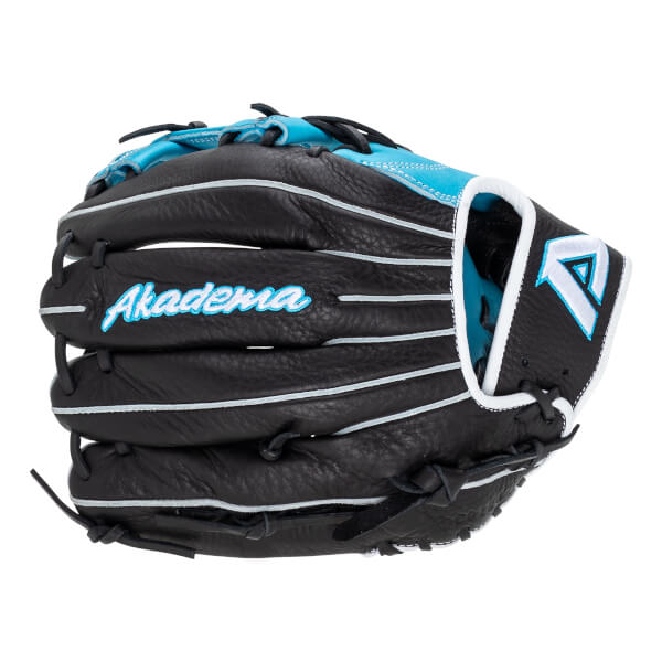 Front view of a black and light blue baseball glove with Akadema logo on the palm and white trim details.
