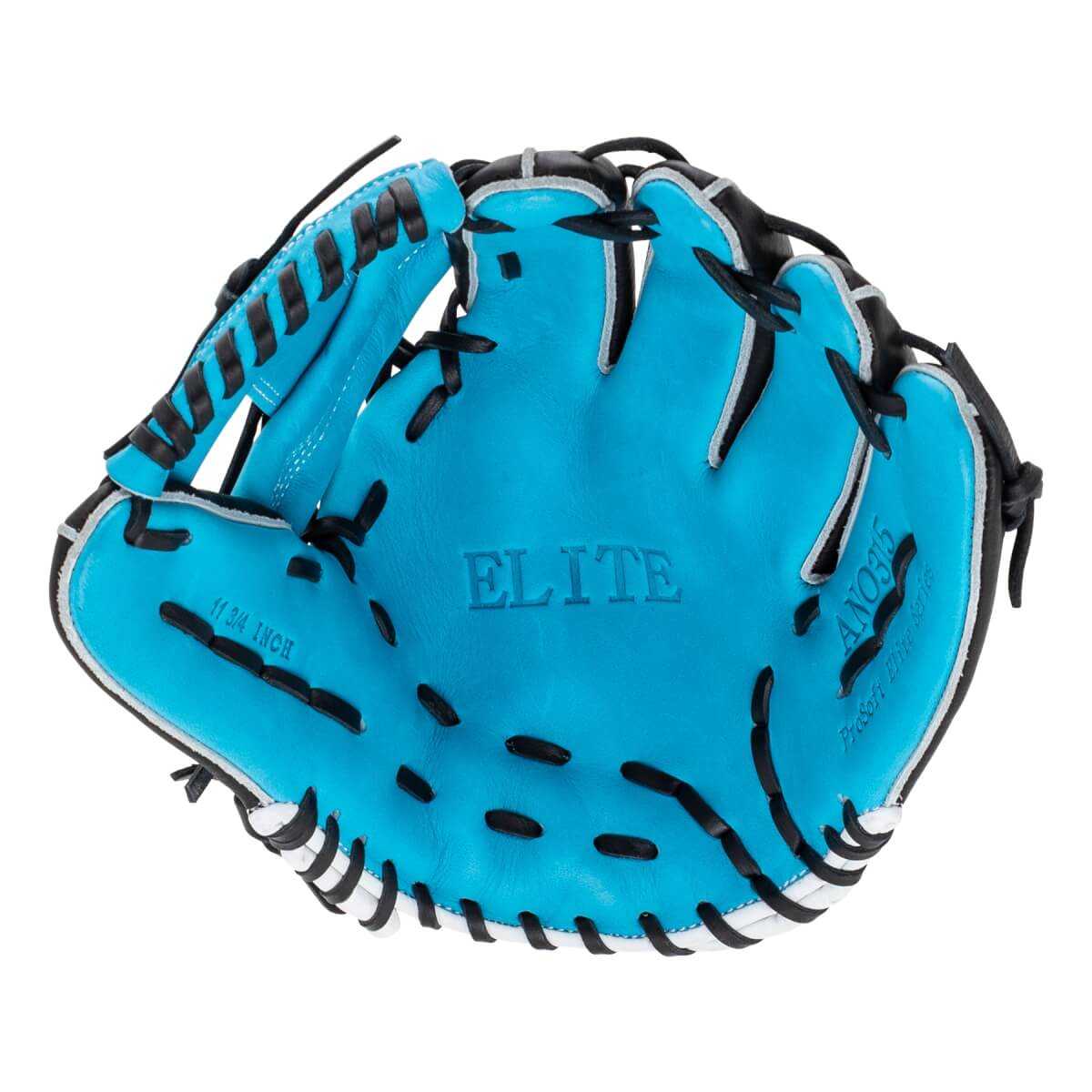 Front view of a light blue baseball glove with ELITE embossed on the palm, black lacing, and white trim.