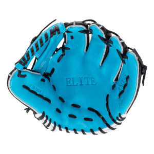 Front view of a light blue baseball glove with ELITE embossed on the palm, black lacing, and white trim.