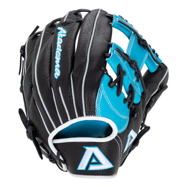 Angled view of a black and blue baseball glove with Akadema script, an A logo, and white piping.