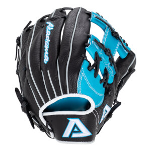 Angled view of a black and blue baseball glove with Akadema script, an A logo, and white piping.