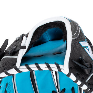 Close-up of a black baseball gloves wrist opening, revealing a fuzzy black lining and bright blue interior palm.