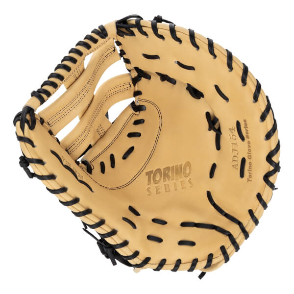 Top-down view of a tan Akadema Torino Series catchers mitt with black lacing, TORINO SERIES embossed, and ADJ154 printed.