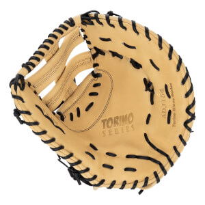 Top-down view of a tan Akadema Torino Series catchers mitt with black lacing, TORINO SERIES embossed, and ADJ154 printed.