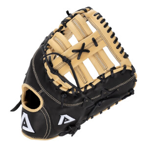 Angled front view of a black and tan baseball glove with a tan X-laced web and white A logos.