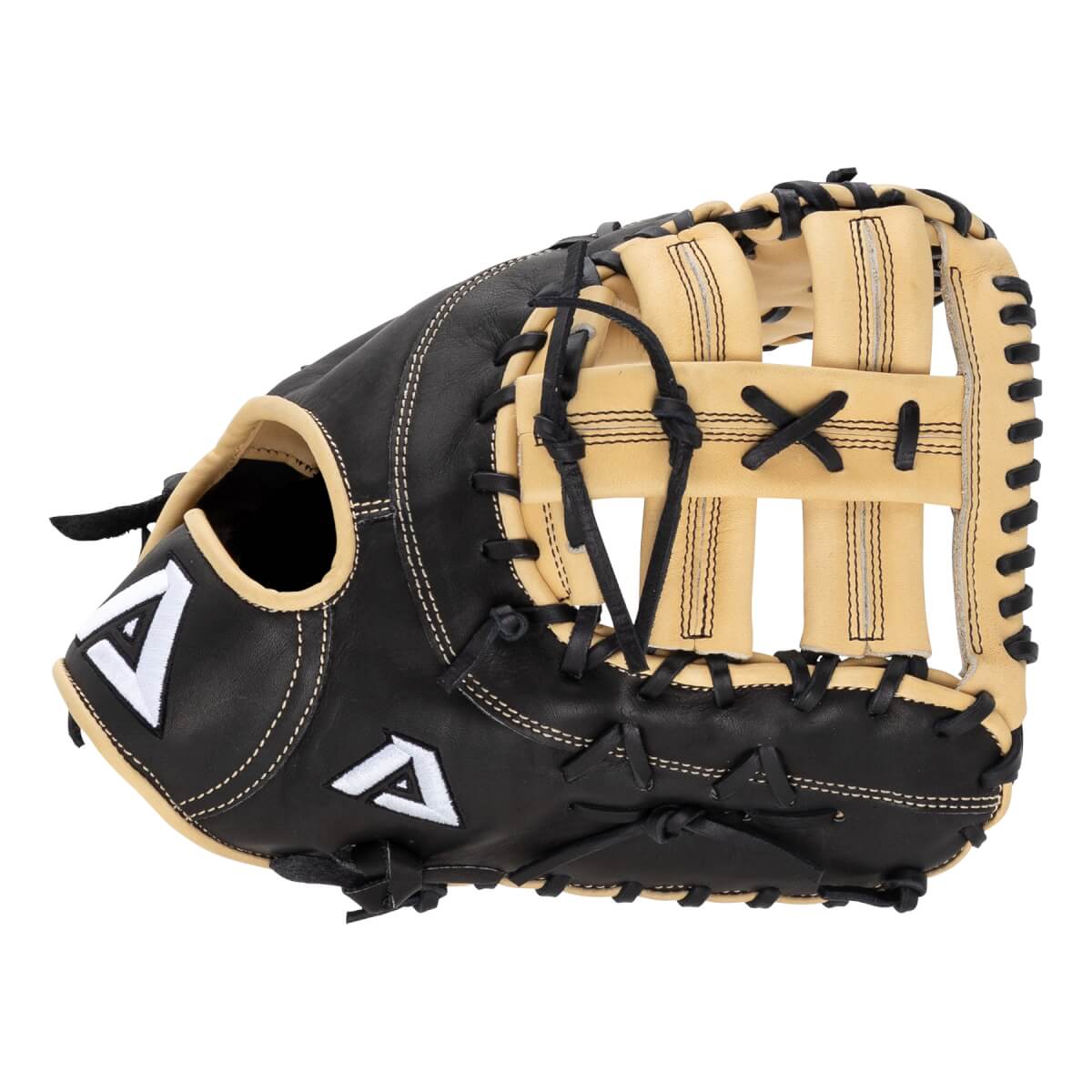 Angled front view of a black and tan baseball glove with an X-laced web and a white A logo.