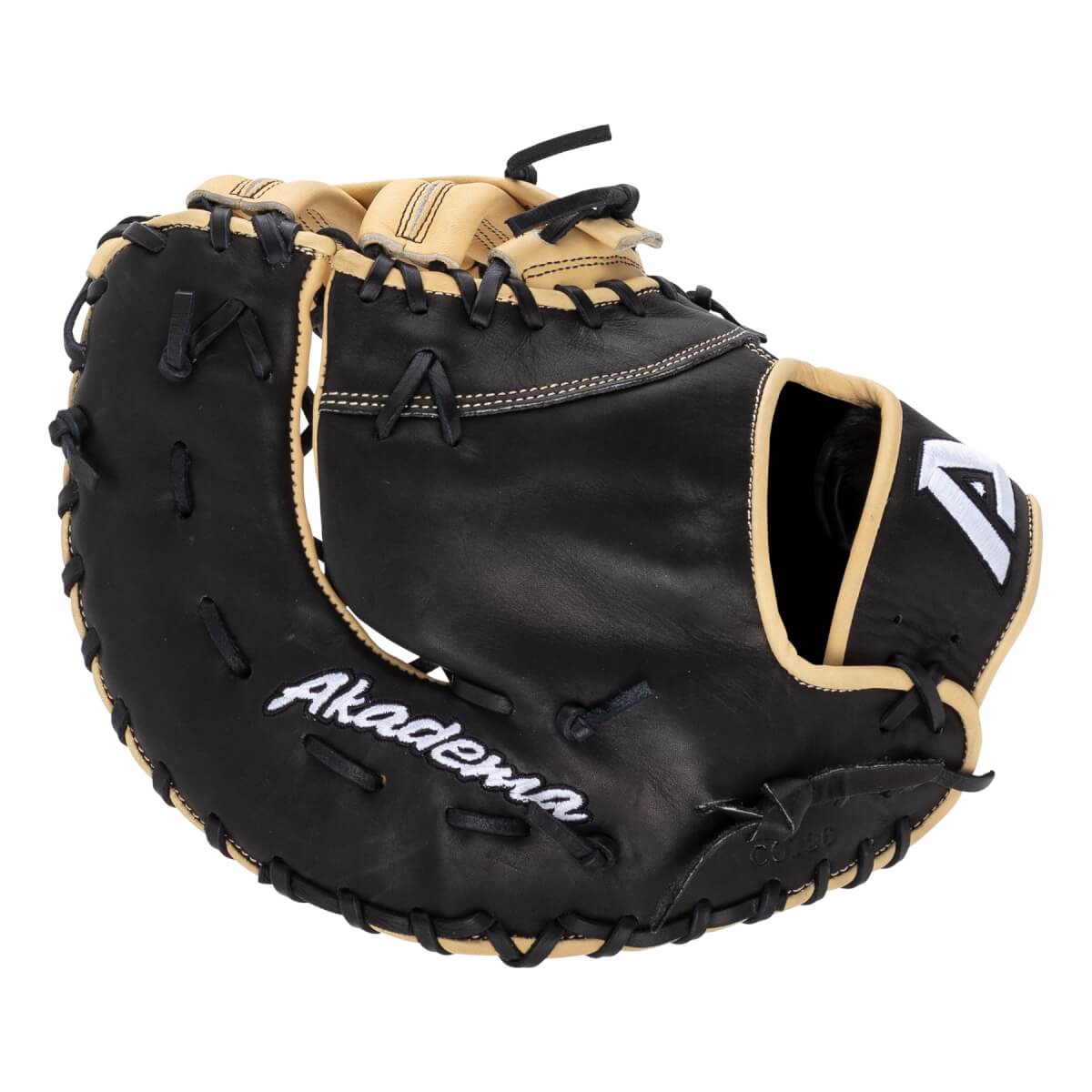 Angled front view of a black and tan glove with white Akadema script, a white A logo, and black lacing.