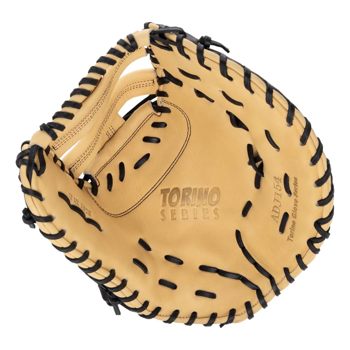 Overhead view of a tan baseball glove with black lacing, TORINO SERIES embossed on the palm, and ADJ154 printed vertically.