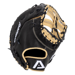 Angled view of a black and tan glove with white Akadema script, a tan web, and a white A logo on the wrist.
