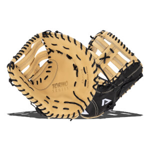 Angled front view of a tan and black glove with TORINO SERIES on the palm, black lacing, and a white logo.