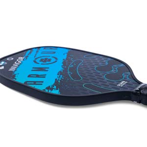 Side view of a black pickleball paddle with blue ARMOUR INVIGOR text and a textured surface.