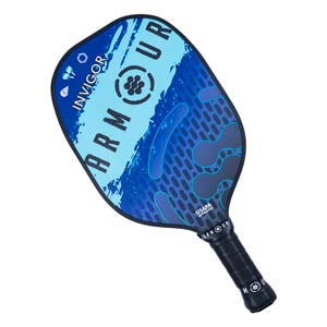 Top-down view of a blue pickleball paddle with ARMOUR INVIGOR text and a USAPA approved stamp.