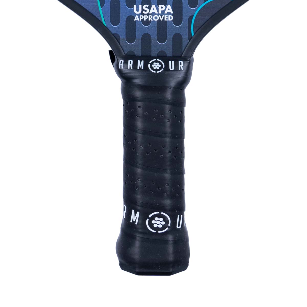 Close-up of a black pickleball paddle grip with Armour branding and USAPA approved text.