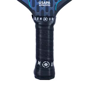 Close-up of a black pickleball paddle grip with Armour branding and USAPA approved text.