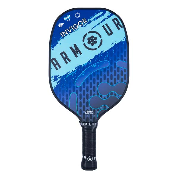 Front view of a blue pickleball paddle with ARMOUR INVIGOR text and USAPA approved stamp.