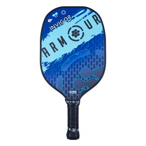 Front view of a blue pickleball paddle with ARMOUR INVIGOR text and USAPA approved stamp.