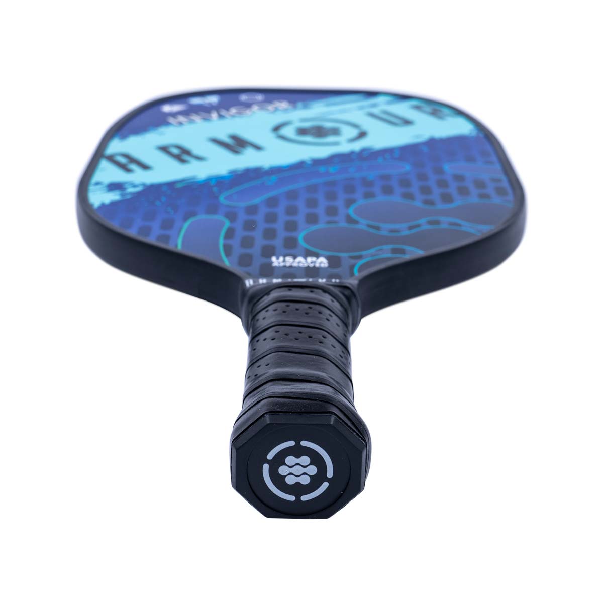 Top-down view of a blue pickleball paddle with ARMOUR text and a black grip.