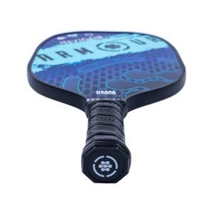 Top-down view of a blue pickleball paddle with ARMOUR text and a black grip.