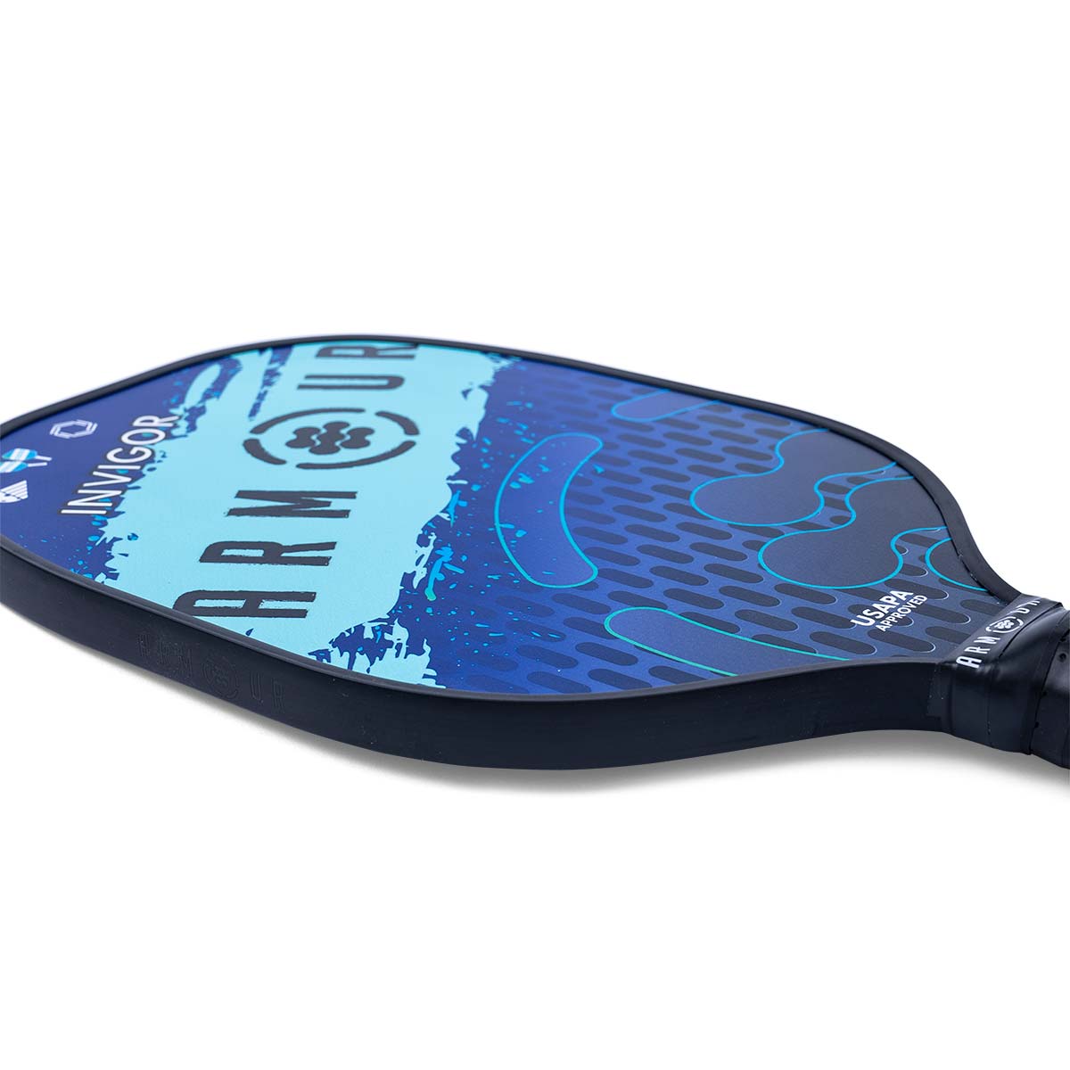 Side view of a blue pickleball paddle with ARMOUR INVIGOR text and USAPA approved stamp.
