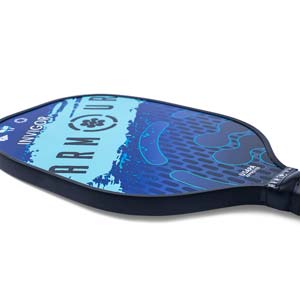Side view of a blue pickleball paddle with ARMOUR INVIGOR text and USAPA approved stamp.