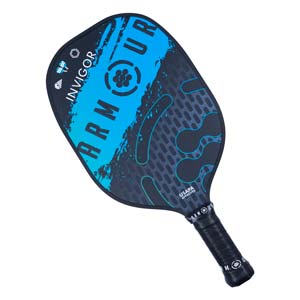 Top-down view of a black pickleball paddle with blue brushstroke graphics, ARMOUR INVIGOR text, and USAPA approved stamp.