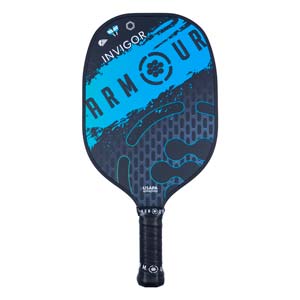 Front view of a black pickleball paddle with blue ARMOUR INVIGOR text and USAPA approved stamp.