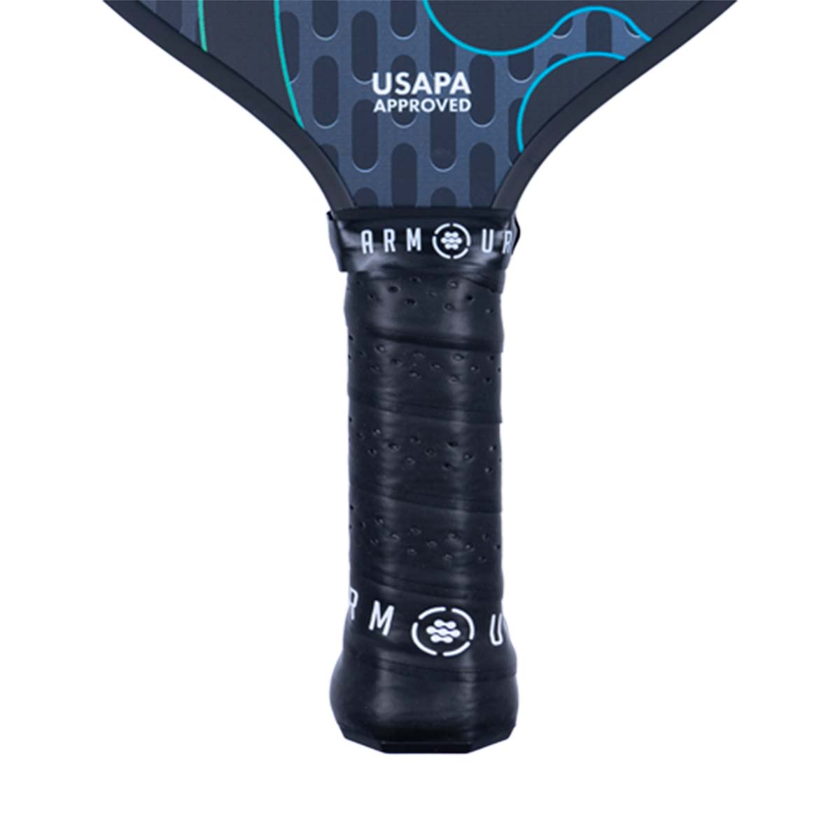 Close-up of a black pickleball paddle grip with USAPA approved text and Armour branding.