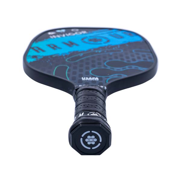 Top-down view of a black pickleball paddle with blue INVIGOR branding and a textured grip.