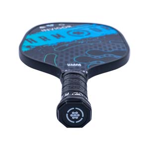 Top-down view of a black pickleball paddle with blue INVIGOR branding and a textured grip.