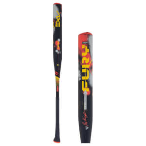 Full and close-up views of a black Axe Fury bat with red and yellow graphics, an ergonomic handle, and bold yellow "FURY" text on the barrel.