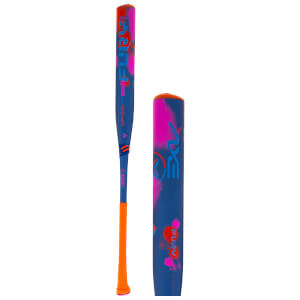 Front view of a blue baseball bat with orange grip, "BRAVO" and "JM029" text, and pink and red splatter graphics.