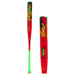 Side view of a red baseball bat with green "FURY" and "AXE" graphics, and a green grip.