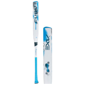 Front view of a white and blue baseball bat with "FURY" and "BRAVO" text, and a blue grip.