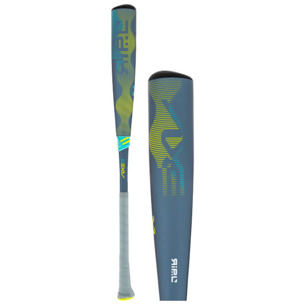 Side view of a baseball bat with a gray grip, yellow and blue "AXE" logo, and a gray barrel with yellow and blue line graphics.