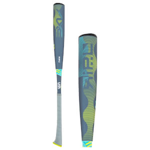 Side view and close-up of a grey/blue baseball bat with yellow and light blue wavy patterns, RIPL and USA text.